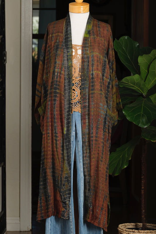 upcycled silk
tie dye
smoke duster
one size to 12
kimono
duster
silk
pockets
brown
olive
rust
charcoal