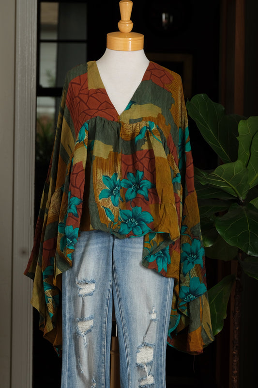 Gold Dust Crop Top in Teal Flower Long Sleeve
