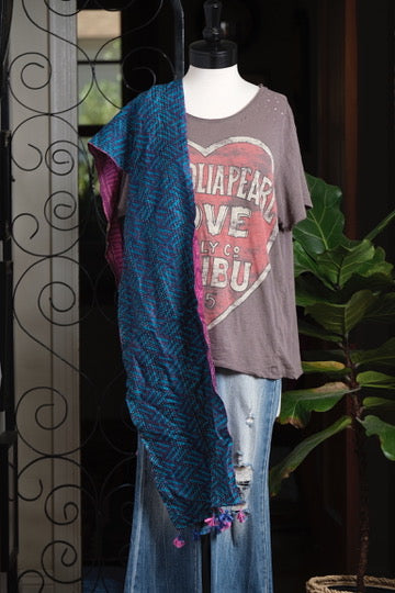 Silk Scarf in Blues and Magenta