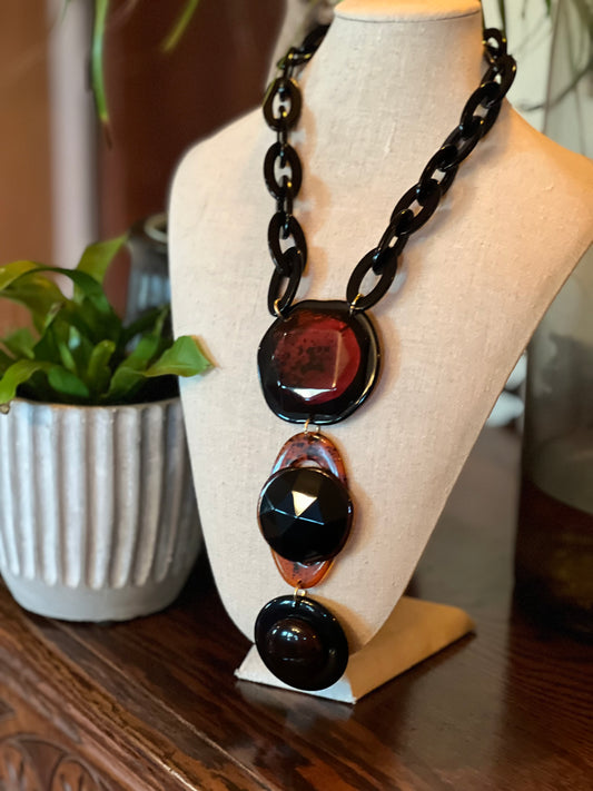 Black Chain Necklace with Brown Drop