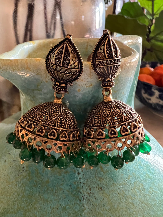 Filigree bell earrings with green