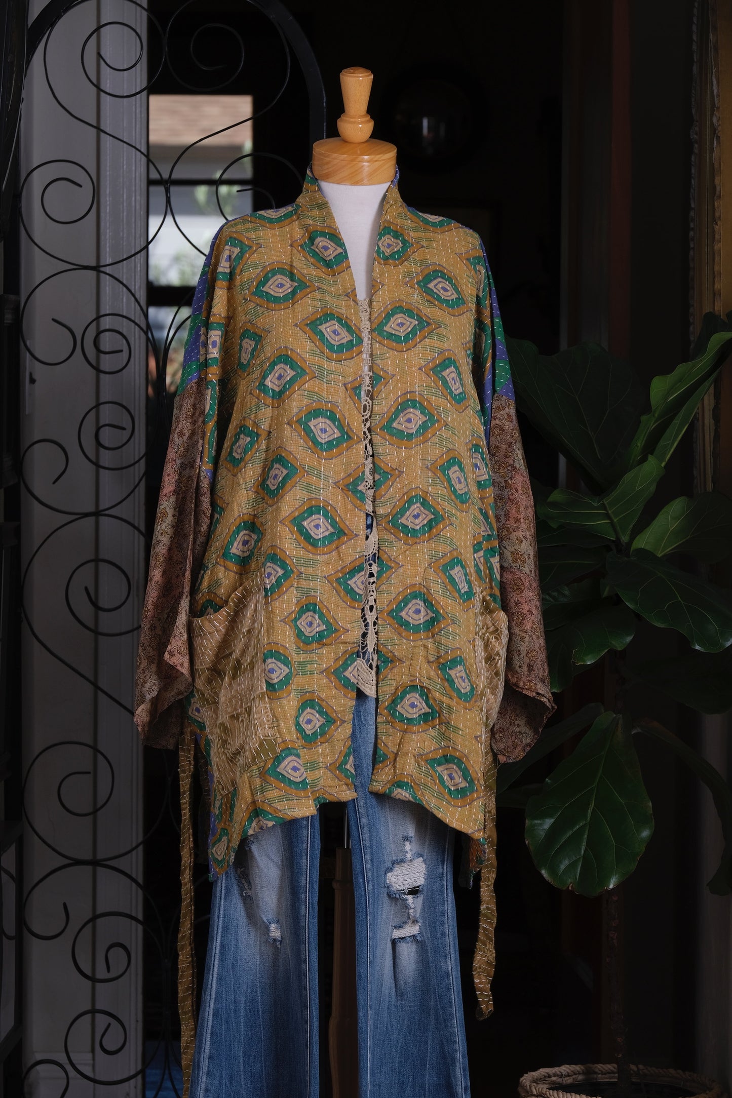 Silk Sleeve Kantha Jacket in Green Eye