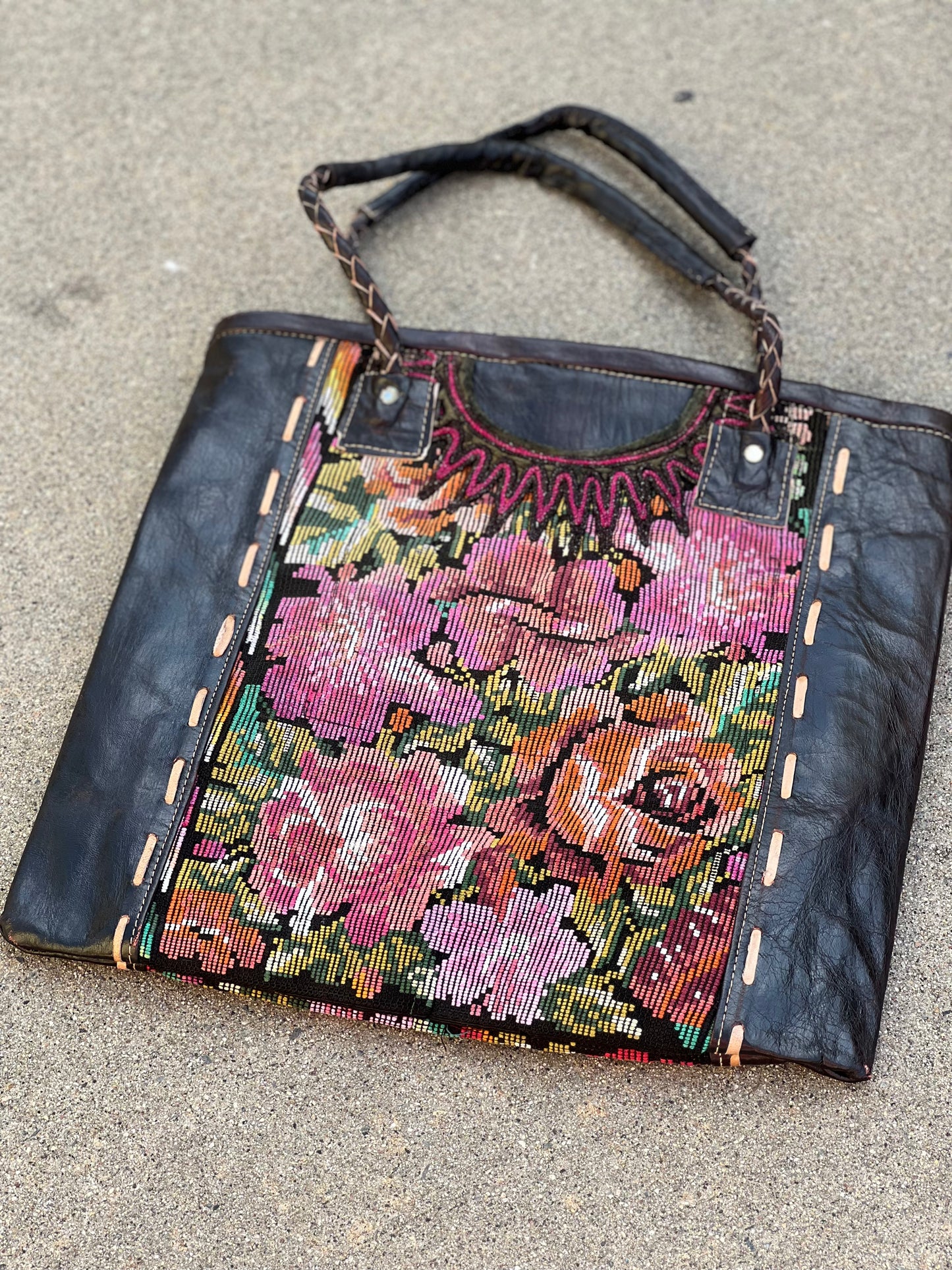 Needlepoint Leather Tote in Pink Orange Rose