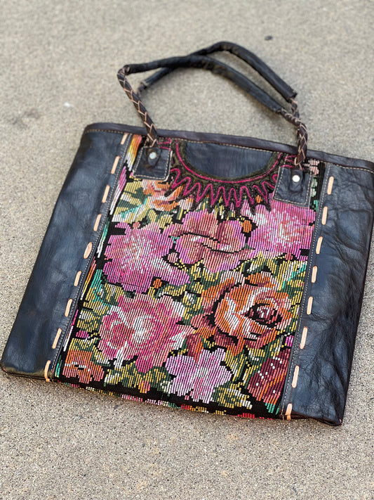 Needlepoint Leather Tote in Pink Orange Rose