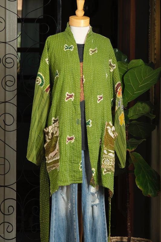 Silk Sleeve Kantha Jacket in Lucky Flower