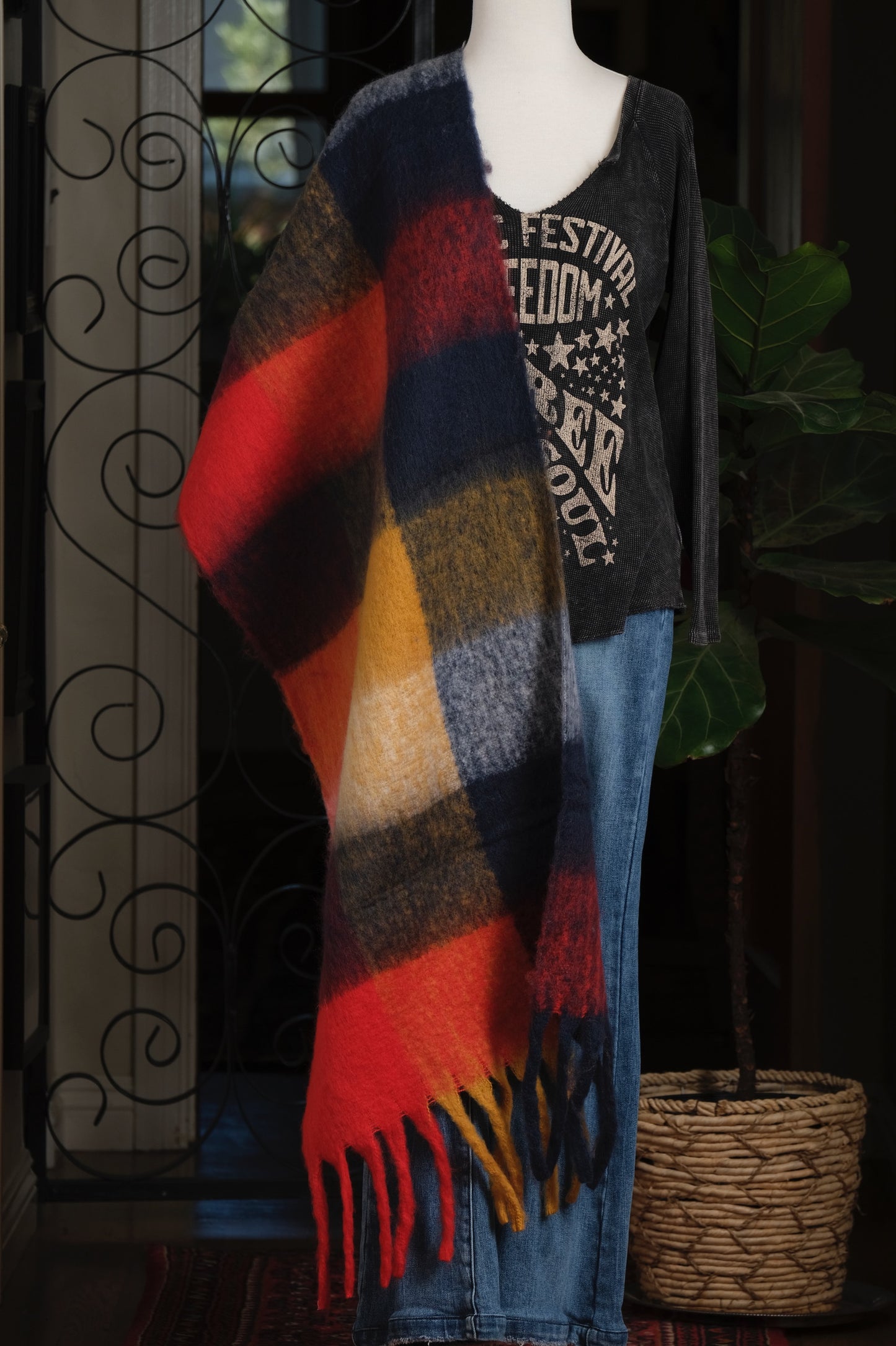 Cozy Fringe Shawl in Red Plaid