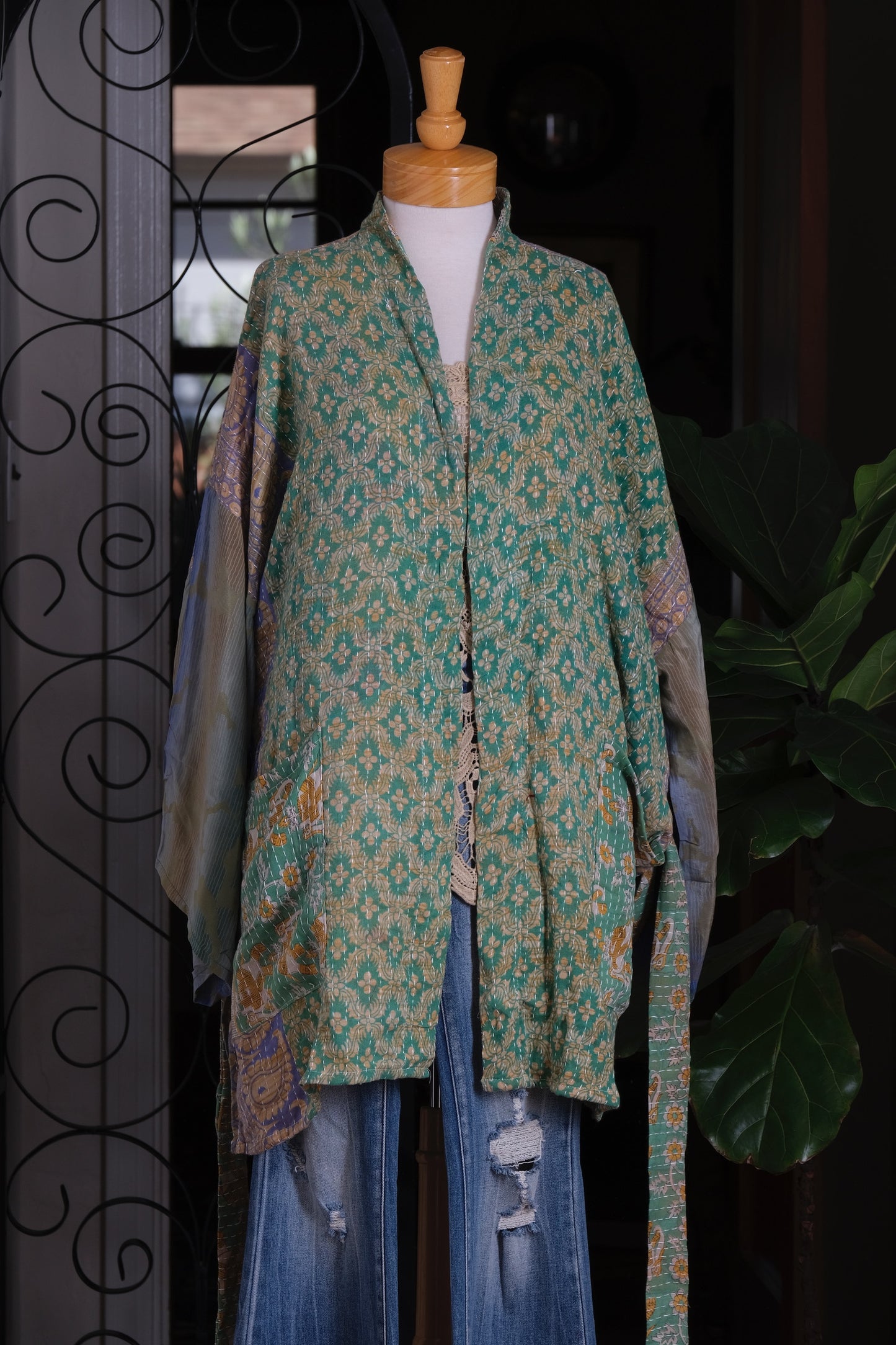 Silk Sleeve Kantha Jacket in Sea Glass