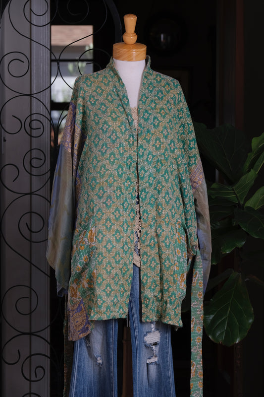 Silk Sleeve Kantha Jacket in Sea Glass