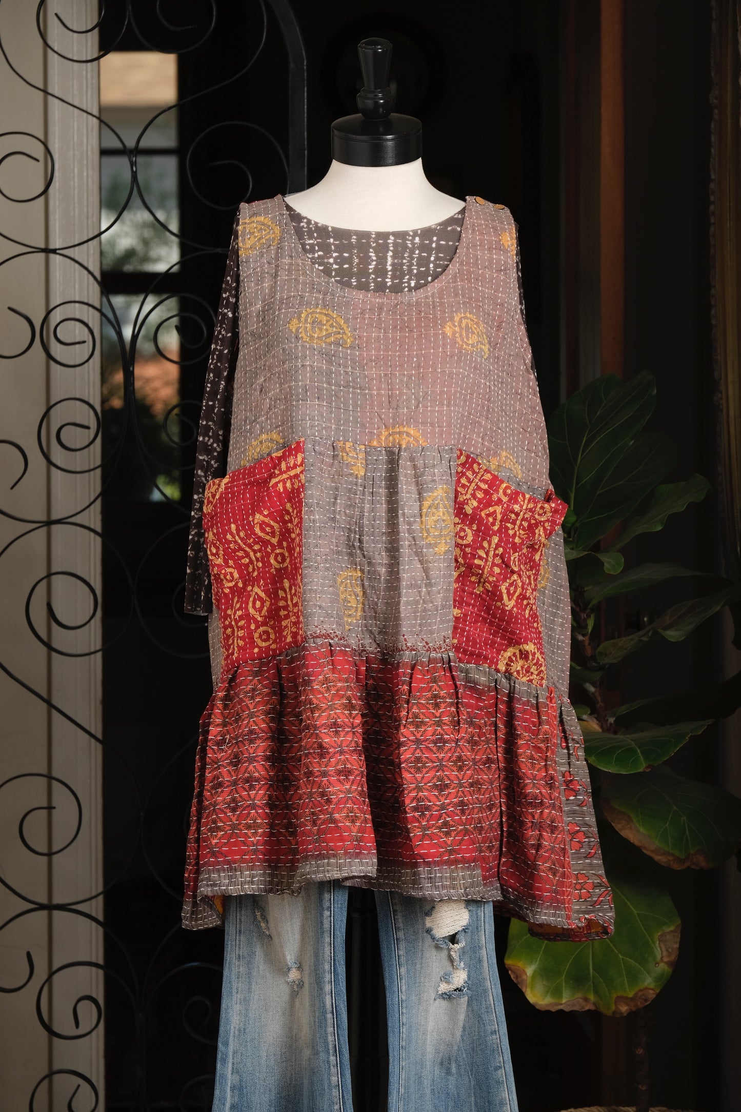 Kantha Pinafore Mini in Red Pockets