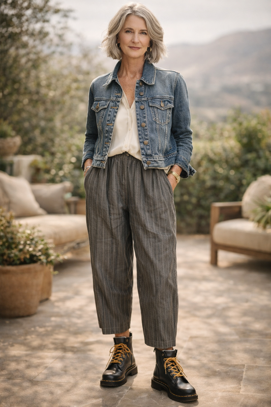 Basic Pant in Striped Cotton Ash