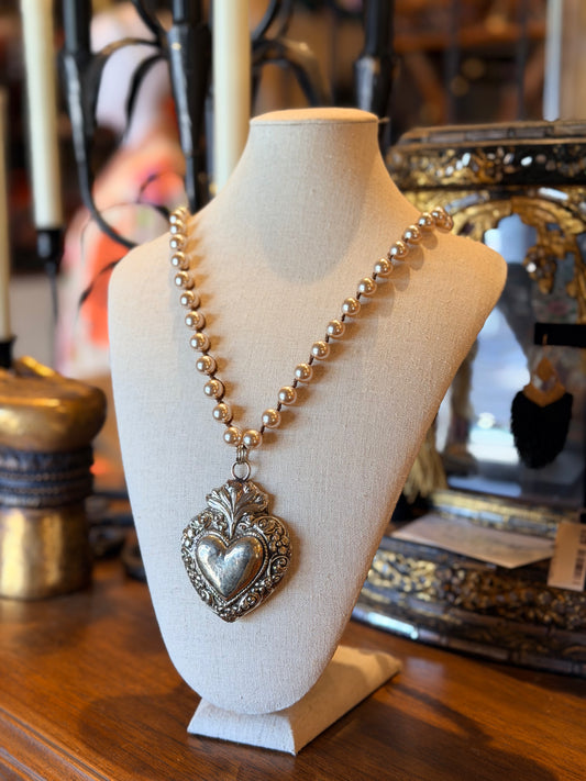 solid bronze
silver plated
pearls
necklace
milagro heart necklace
heart necklace
hand casted
chateau bel age