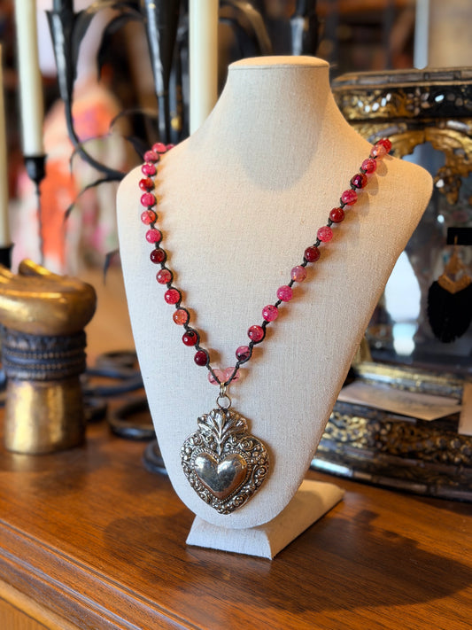 solid bronze
pink quartz
necklace
heart necklace
hand casted