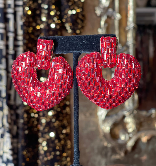 Red Baguette Rhinestone Heart Earrings