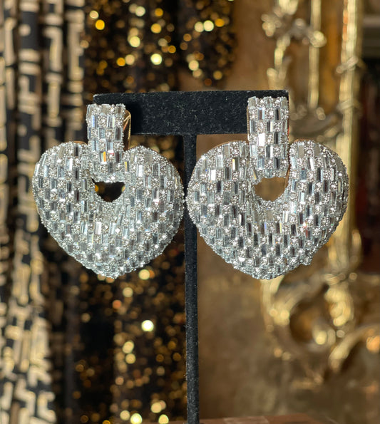 Silver Baguette Rhinestone Heart Earrings