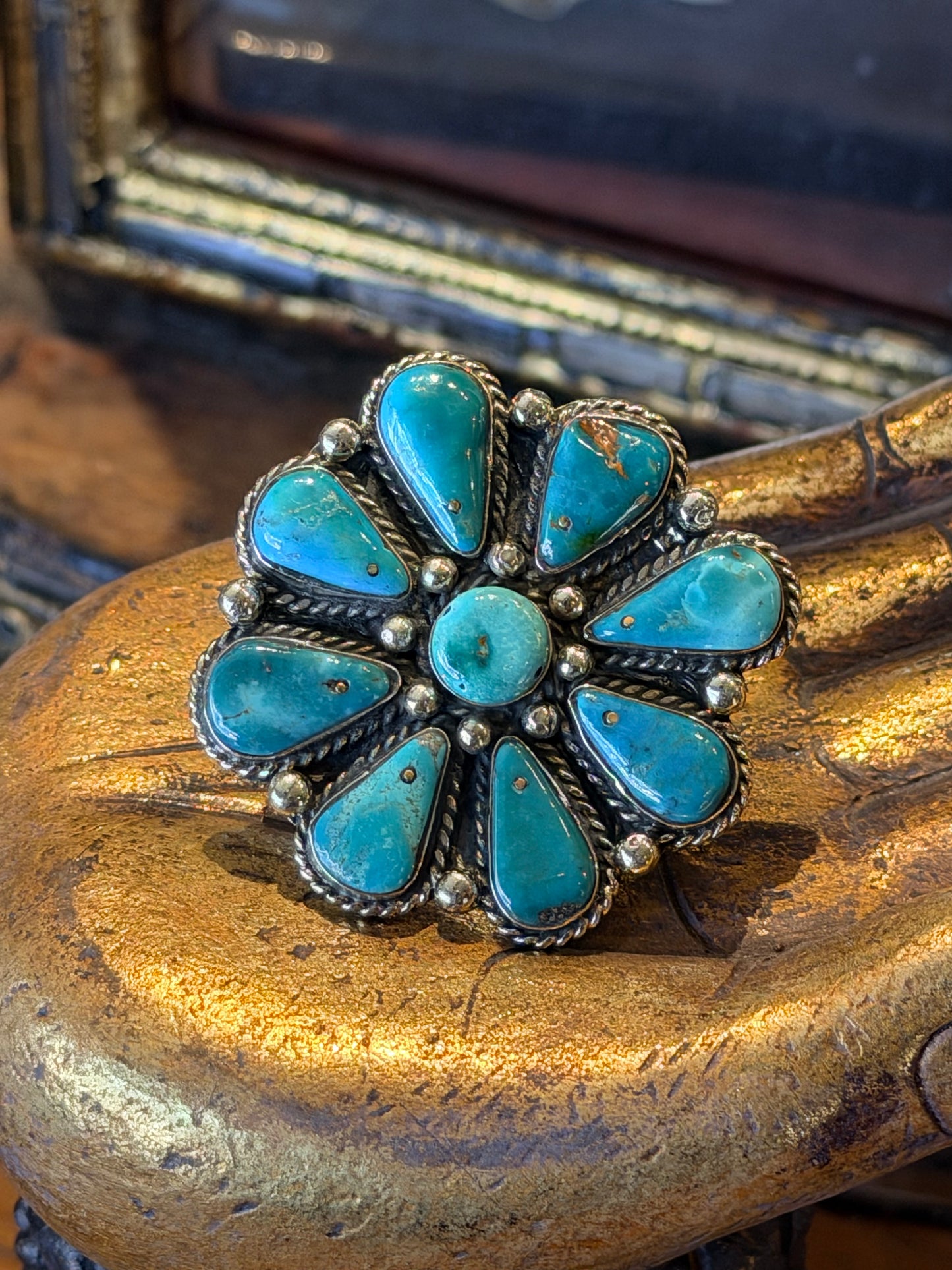 turquoise ring
turquoise flower
turquoise
sterling silver plated
hand casted in bronze
hand casted
chateau bel age