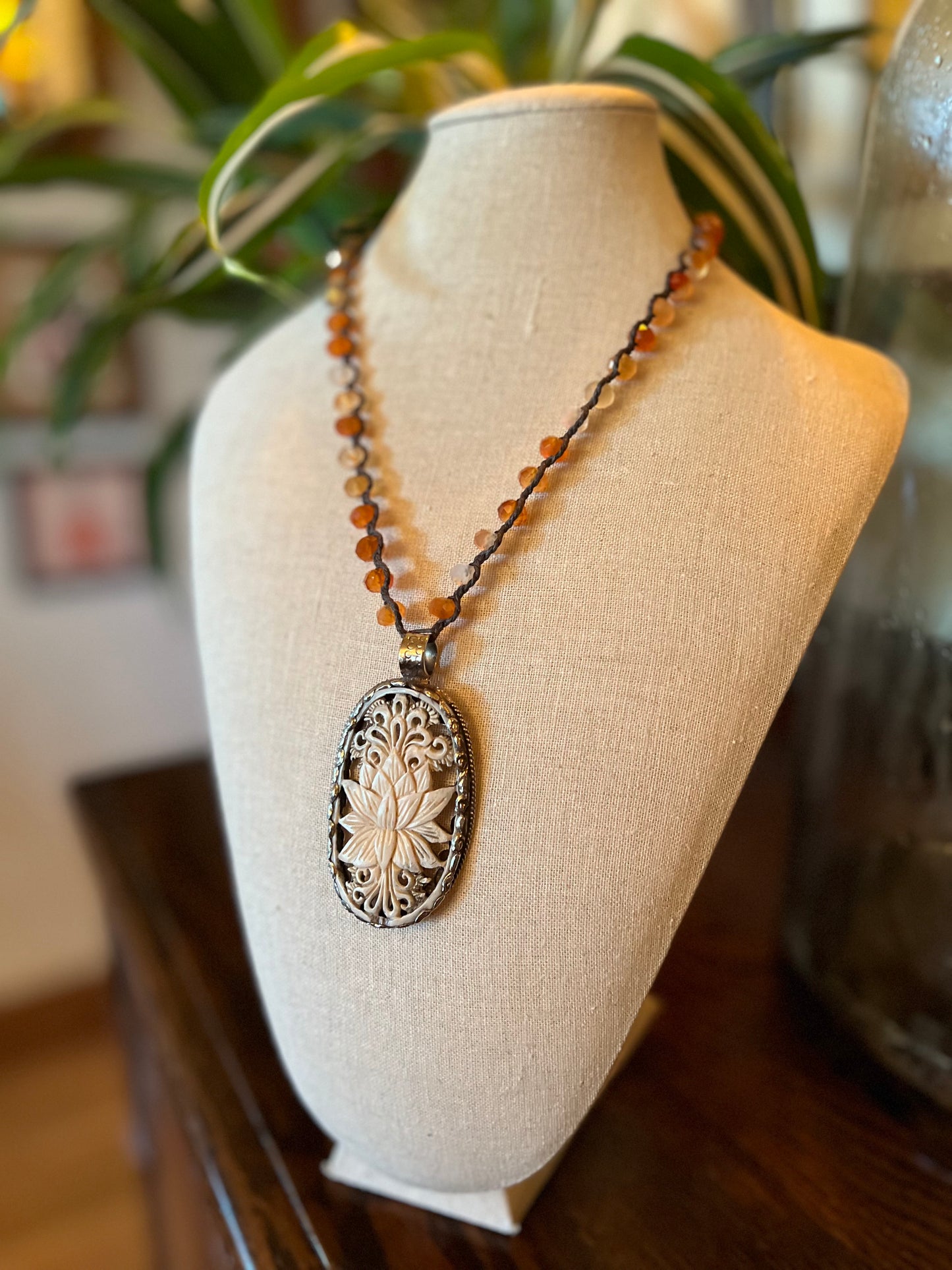 Carved Bone Lotus 946 Necklace