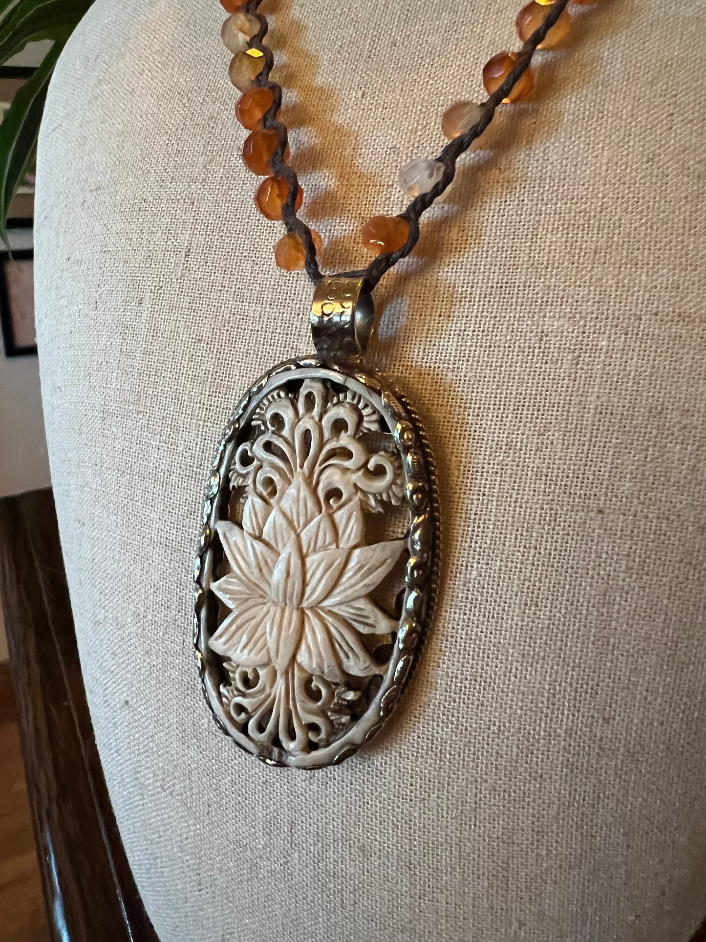 Carved Bone Lotus 946 Necklace