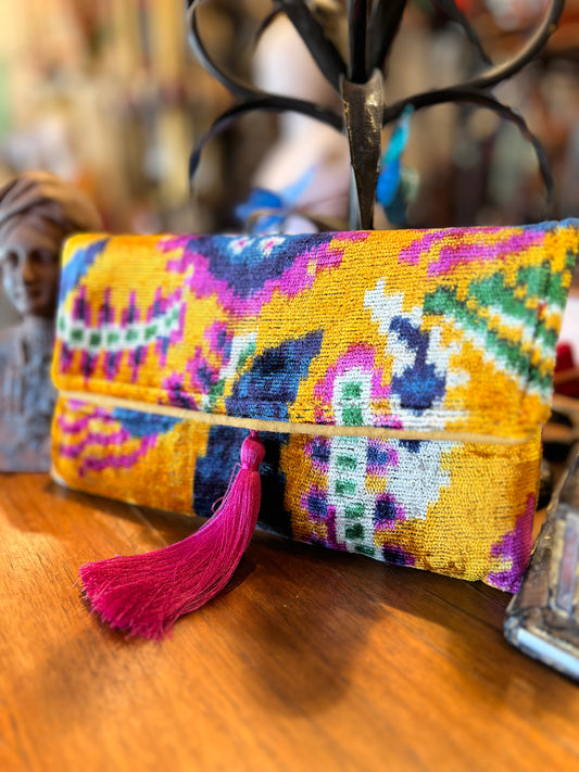 Ikat Clutch in Saffron Paisley