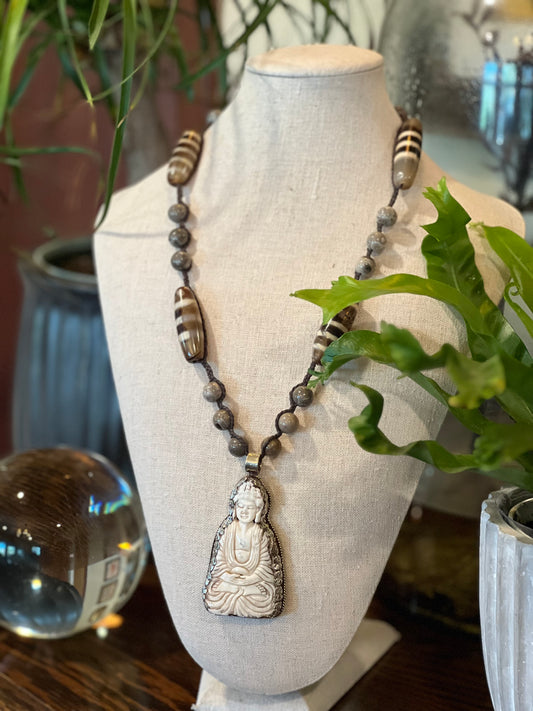 Carved Buddha 989 with Elongated Striped Beading