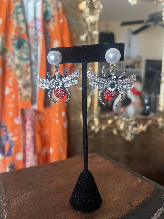 Rhinestone Bee Earrings in Red Green