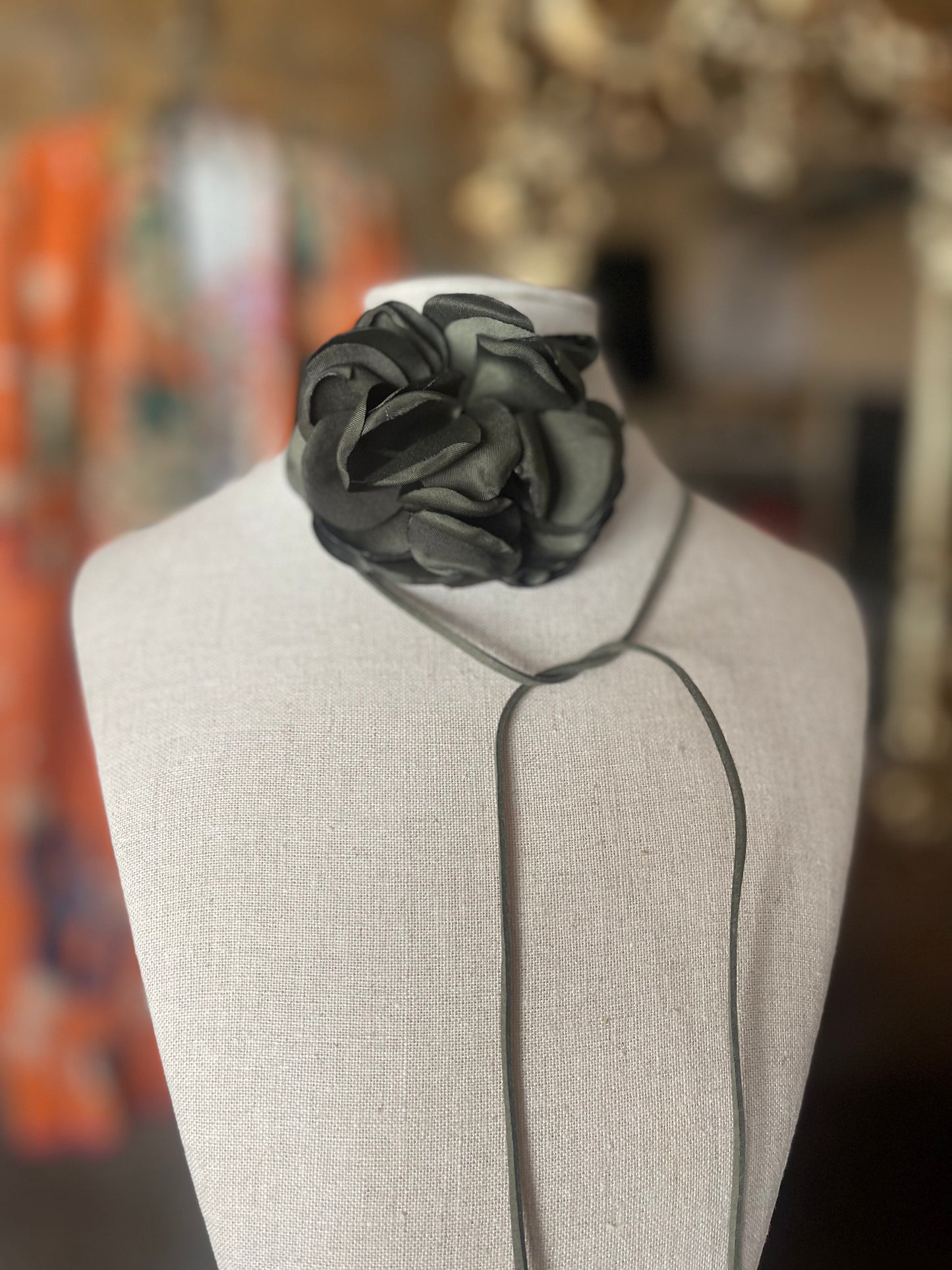 Lariat Silk Flower Necklace in Military Green