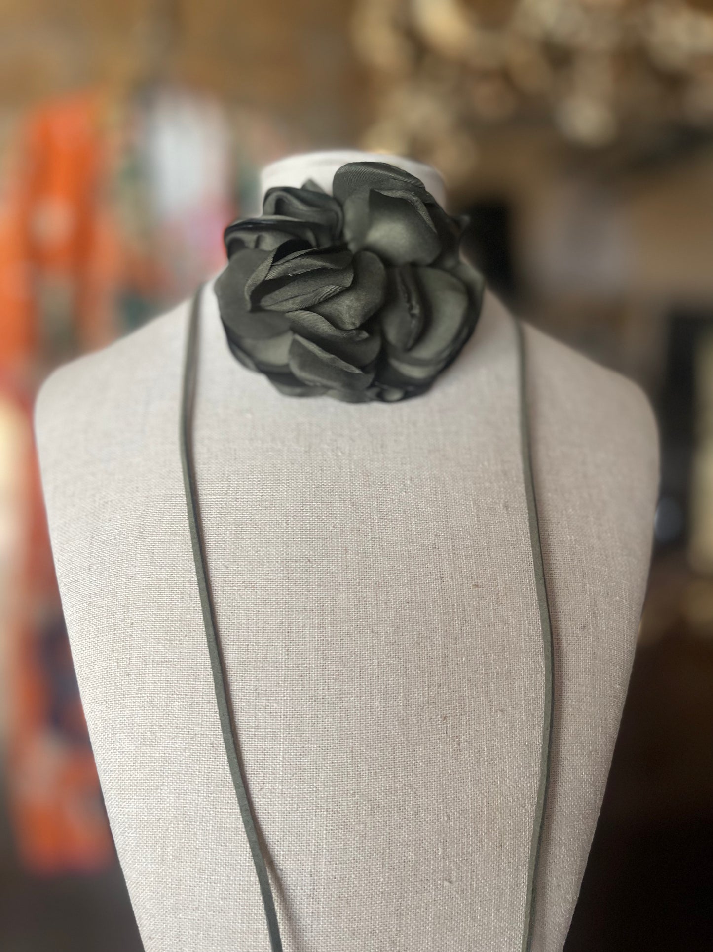 Lariat Silk Flower Necklace in Military Green