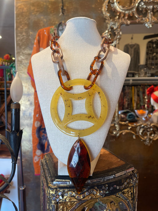 Amber Tortoise Medallion Drop Necklace