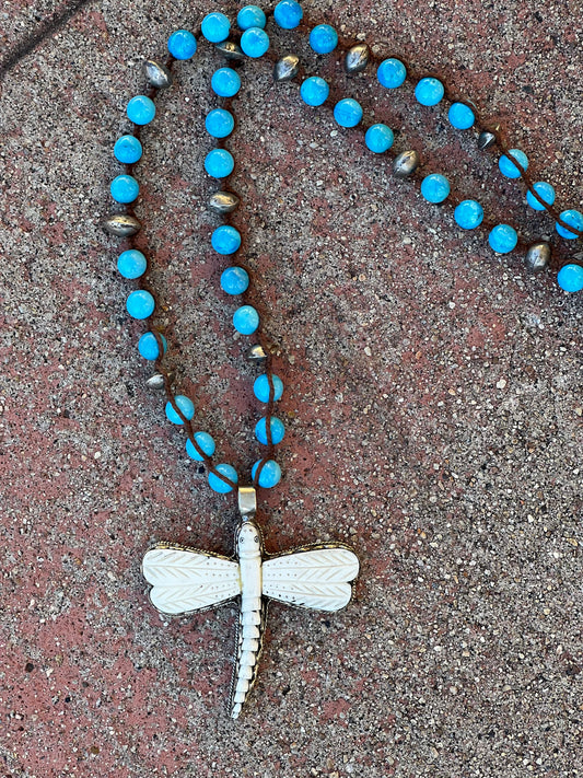 Carved Bone Dragonfly with Turquoise 1220