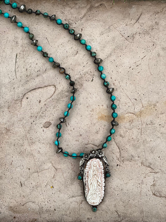 Carved Bone Guadalupe 1238 with Turquoise Stones