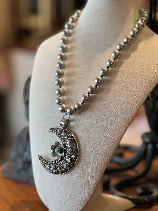 Silver Crescent Moon Flower 1267, 1268 Necklace