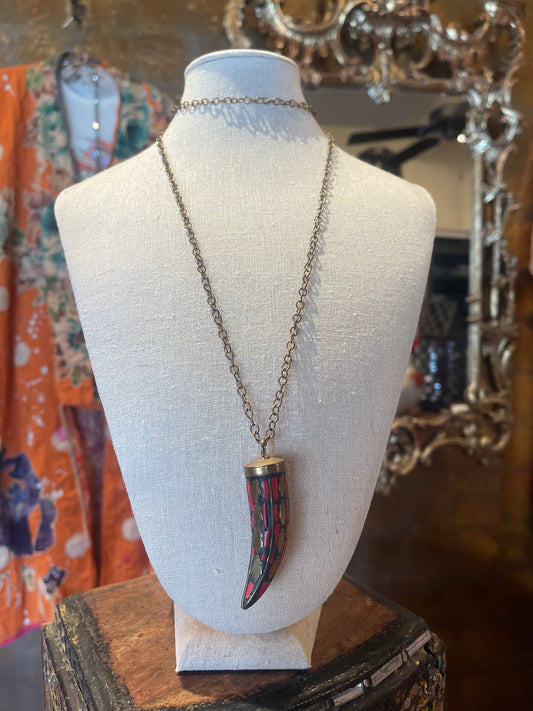 Horn Pendant Necklace in Brass and Coral Inlay
