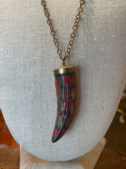 Horn Pendant Necklace in Brass and Coral Inlay