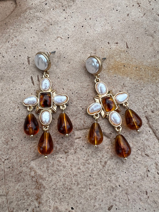 Cross Earring in Pearl Tortoise Drop