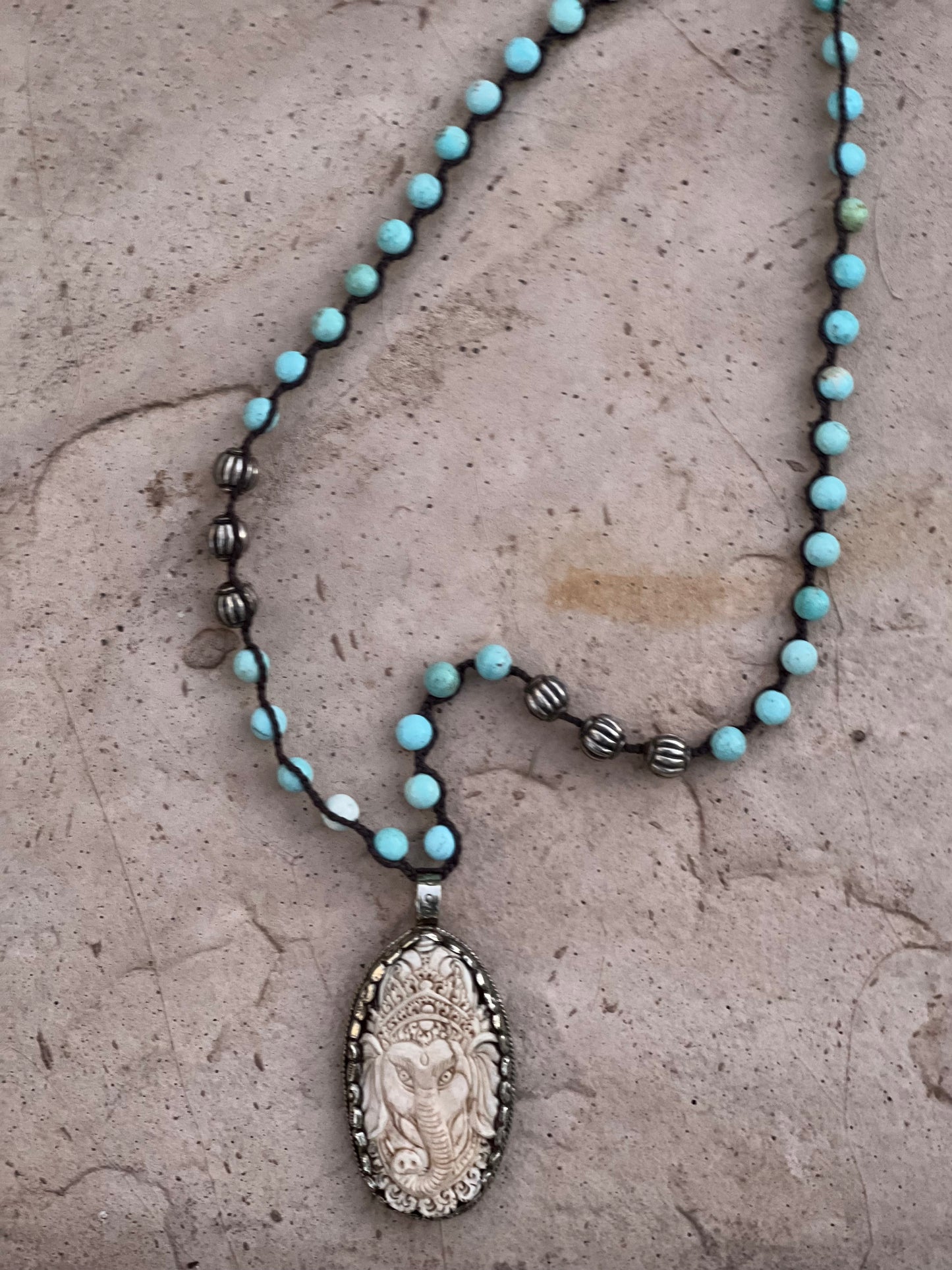 Carved Bone Ganesh 1283 with Turquoise Stones