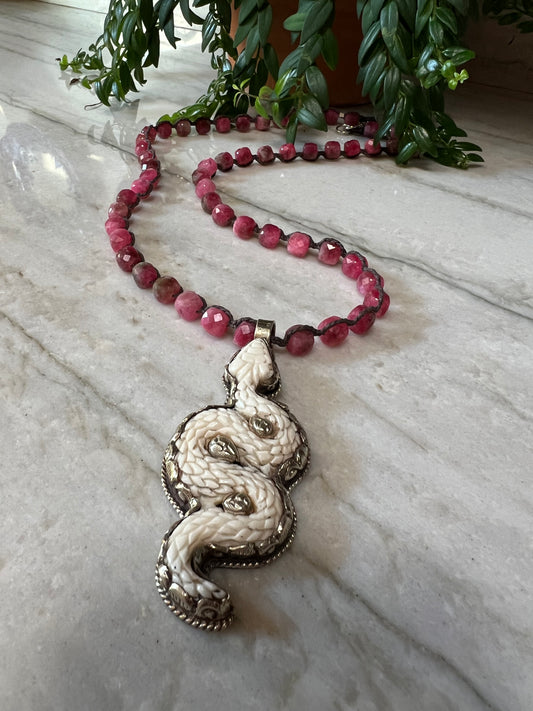 Carved Snake Pendant 1307 with Rose Quartz