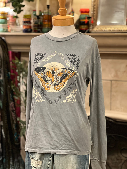 Good Things Are Coming Long Sleeve Shirt in Vintage Grey
