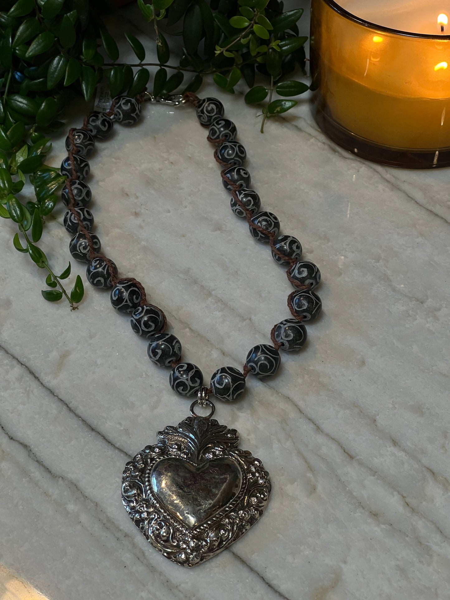 Rustic Heart on Carved Beads 1572