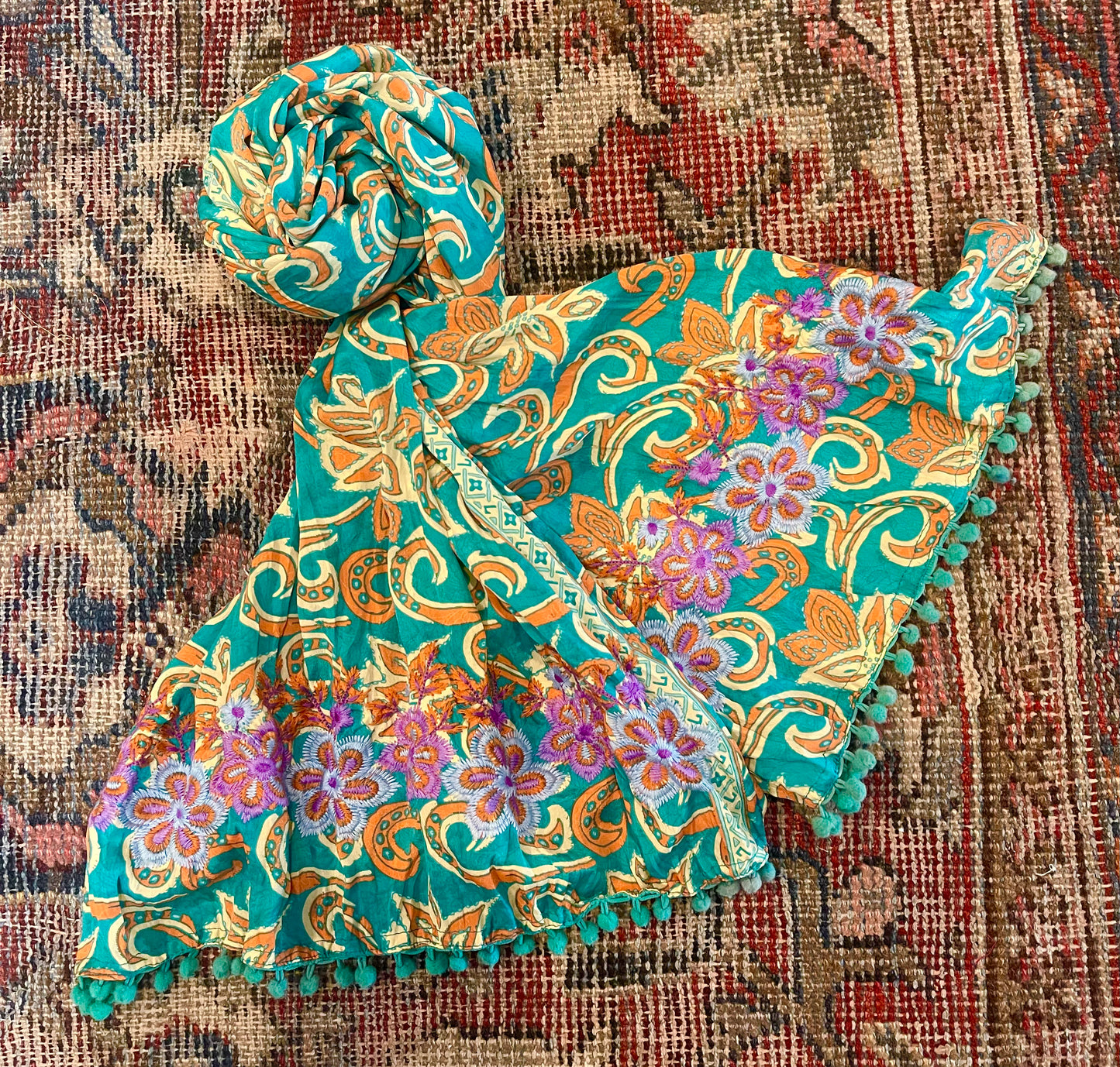 Pom Pom Scarf in Teal Orange