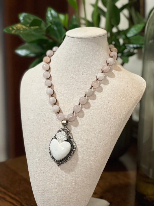 Bone Heart on Pink Quartz 1645