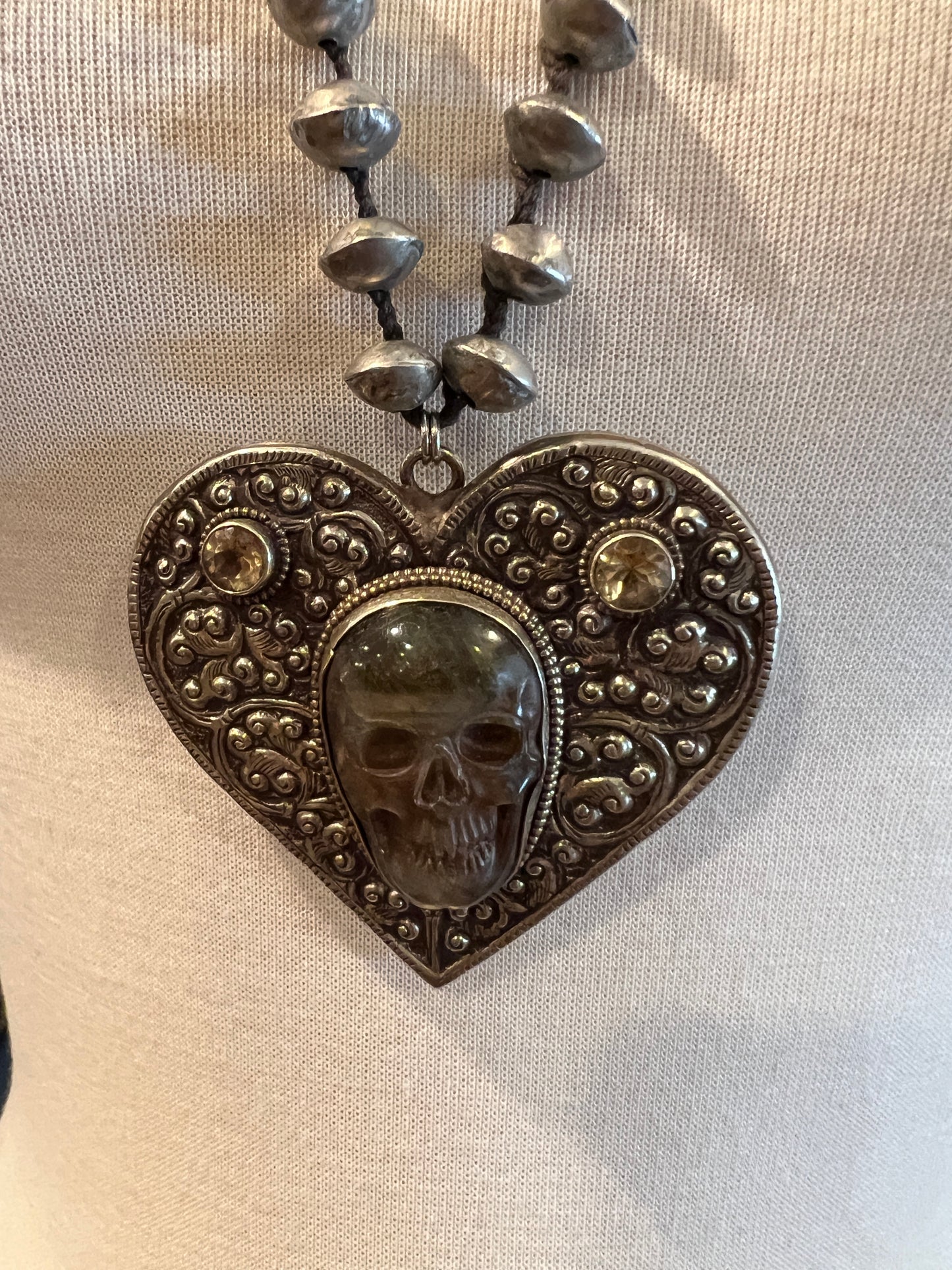 Labradorite Skull Heart Pendent Necklace