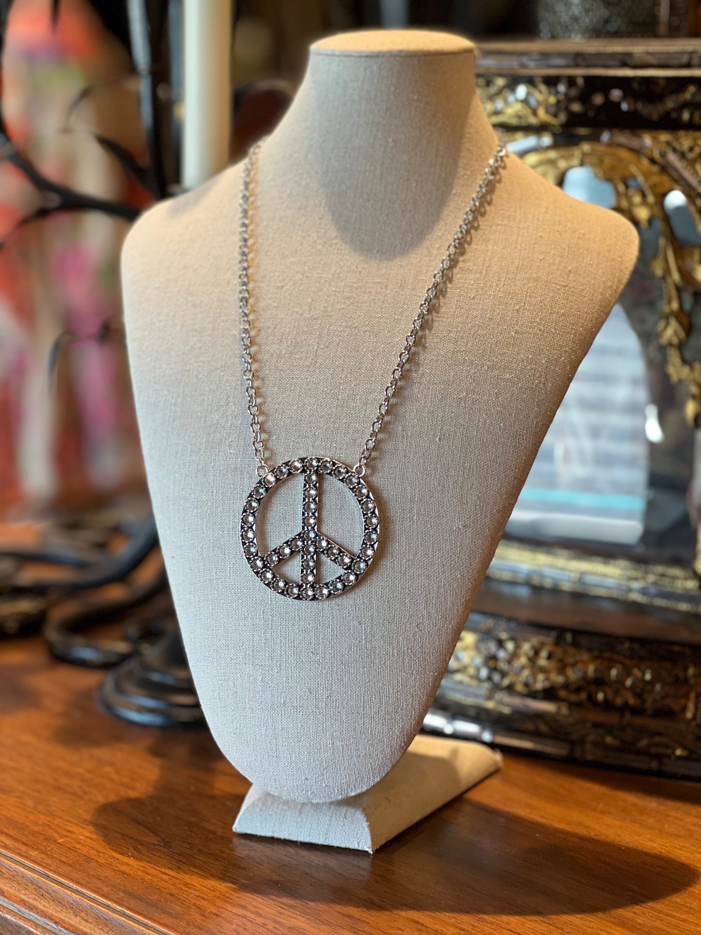 vintage silver
rhinestone
peace sign
peace necklace
necklace