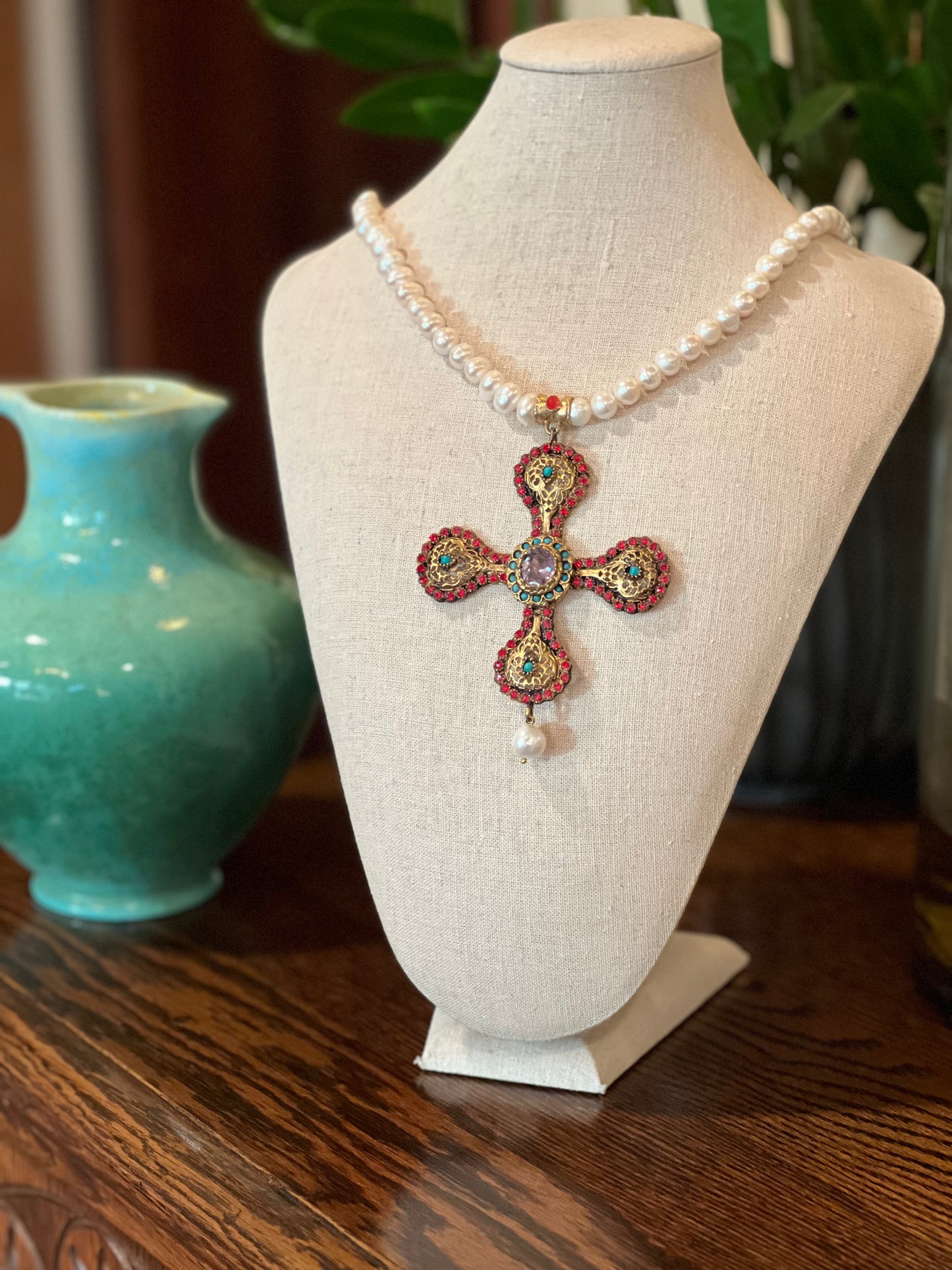 Ornate Cross on Pearls – Chateau Bel Age Boutique