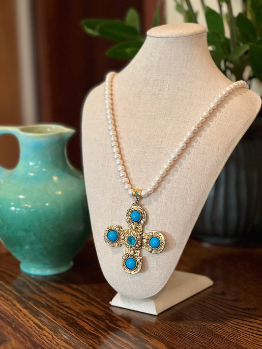 pearls
necklace
gold tone
cross necklace
cross
turquoise beads
turquoise rhinestone center