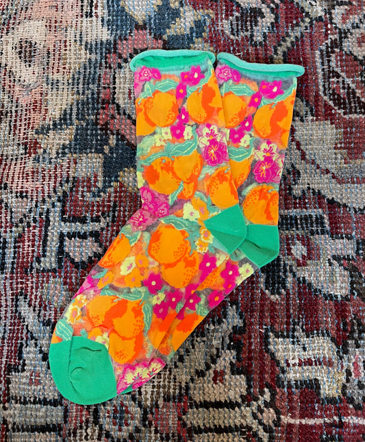 Orange Floral Sheer Socks