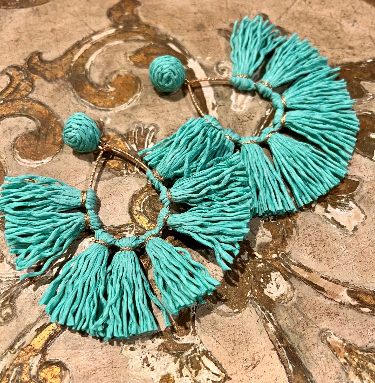 Raffia Turquoise Blue Fringe Earrings