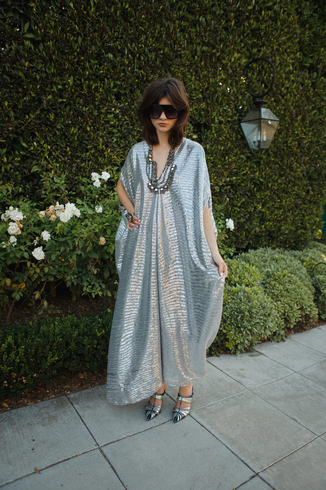 Platinum Sequin Caftan by Jennafer Grace Chateau Bel Age Boutique