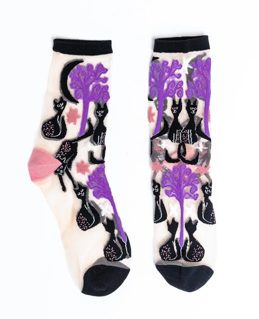 Nocturnal Black Cats Sheer Crew Socks