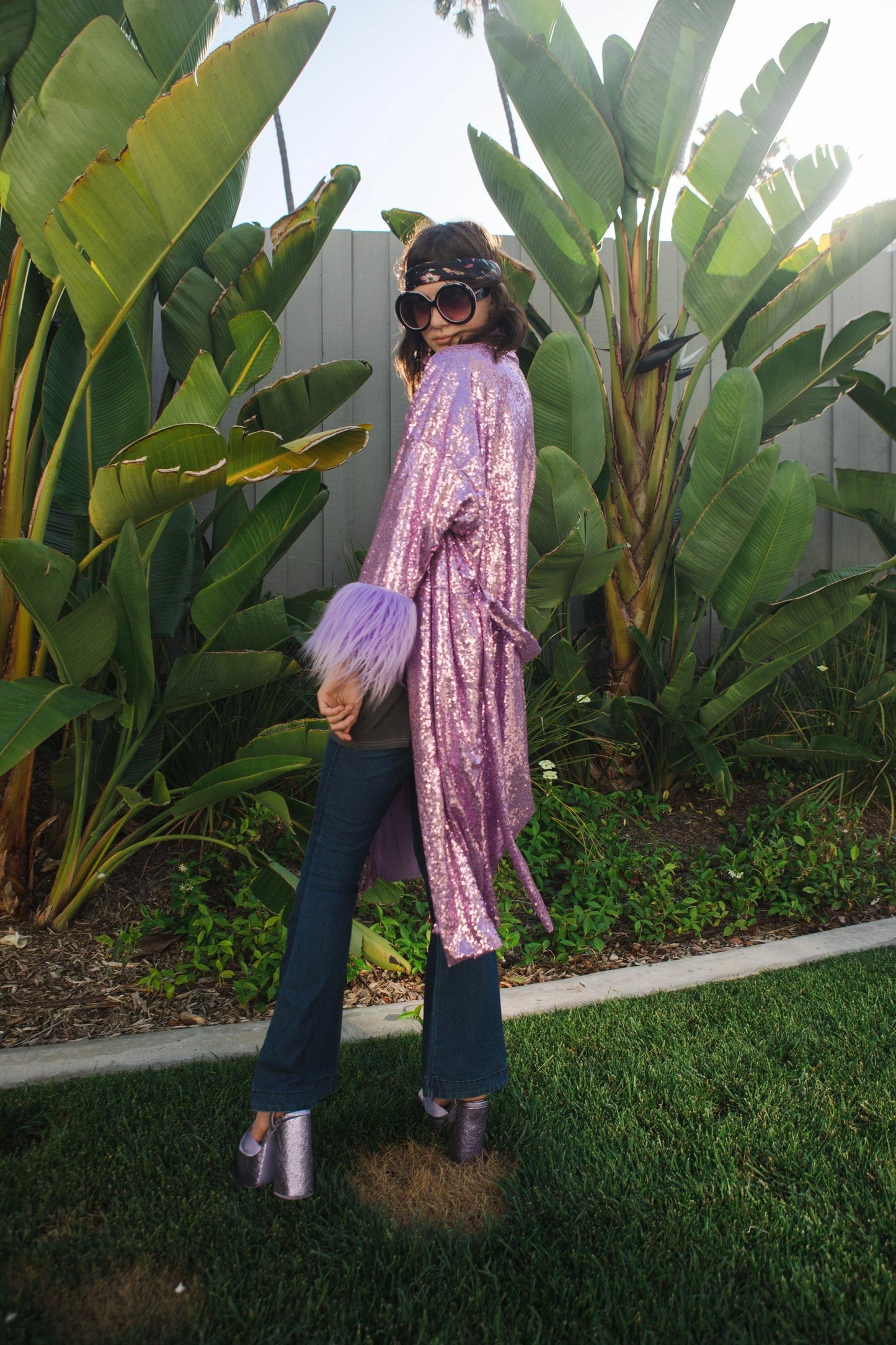 Lilac Sequin Faux Fur Koi Kimono by Jennafer Grace