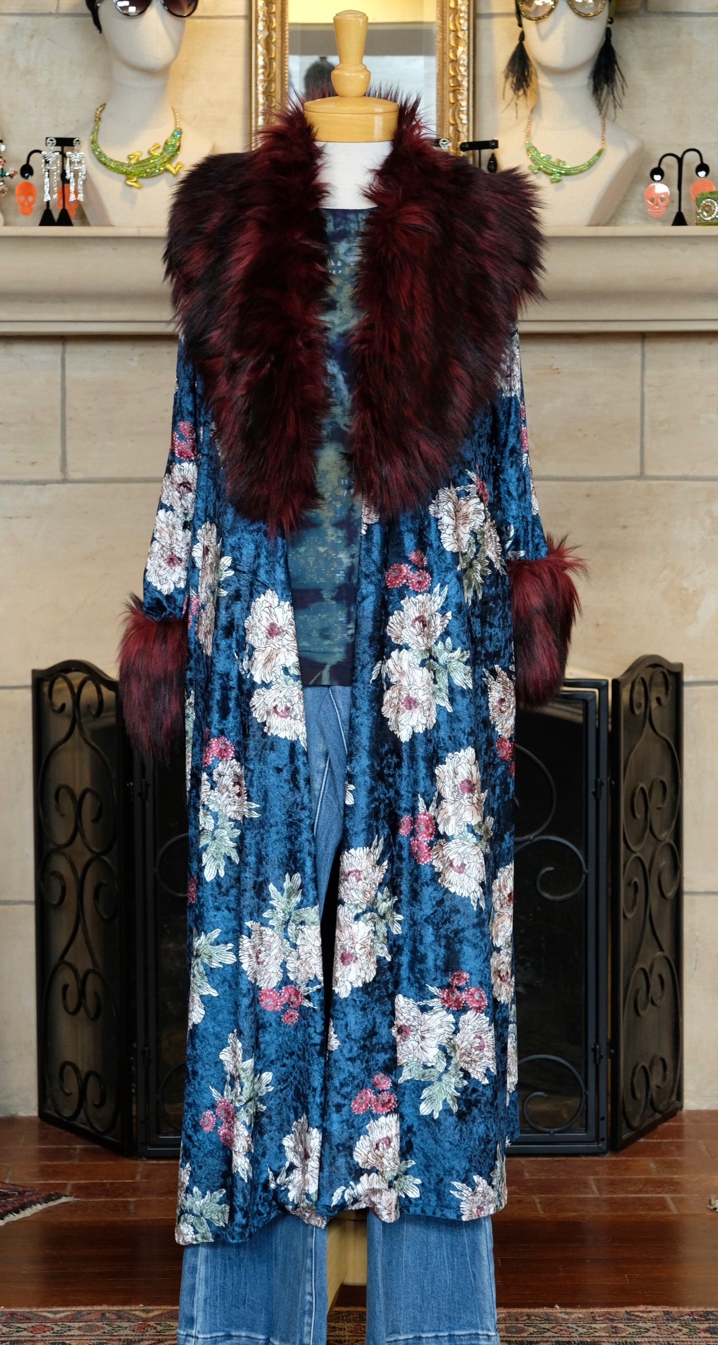 Penny Teal Blossom Faux Fur Jacket by Jennafer Grace