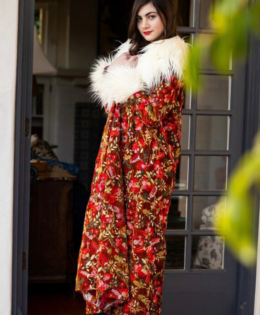 Penny Fresa Embroidered Silk Velvet Faux Fur Coat by Jennafer Grace
